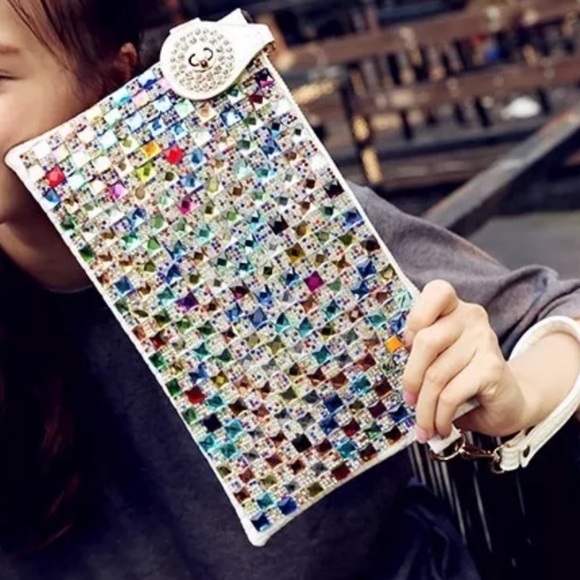 Colorful Jewel Studded Oversized Multi Funtional Clutch -White - Picture 7 of 16